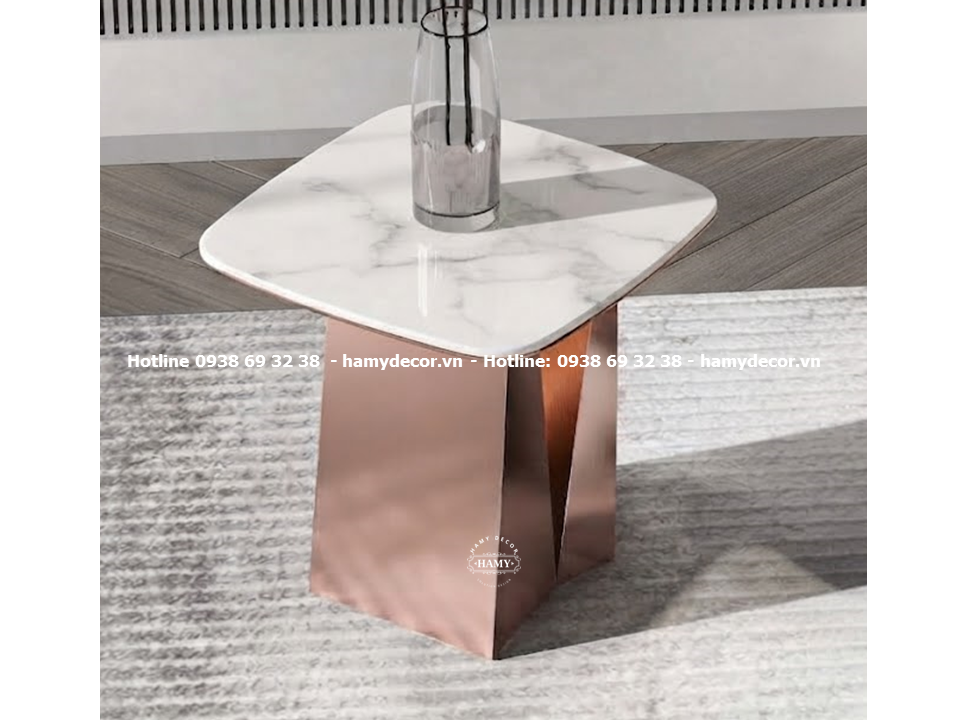 Mẫu tab sofa vuông chân inox mạ vàng hồng (MIRR - ROSE GOLD) mặt bàn đá trắng vân mây