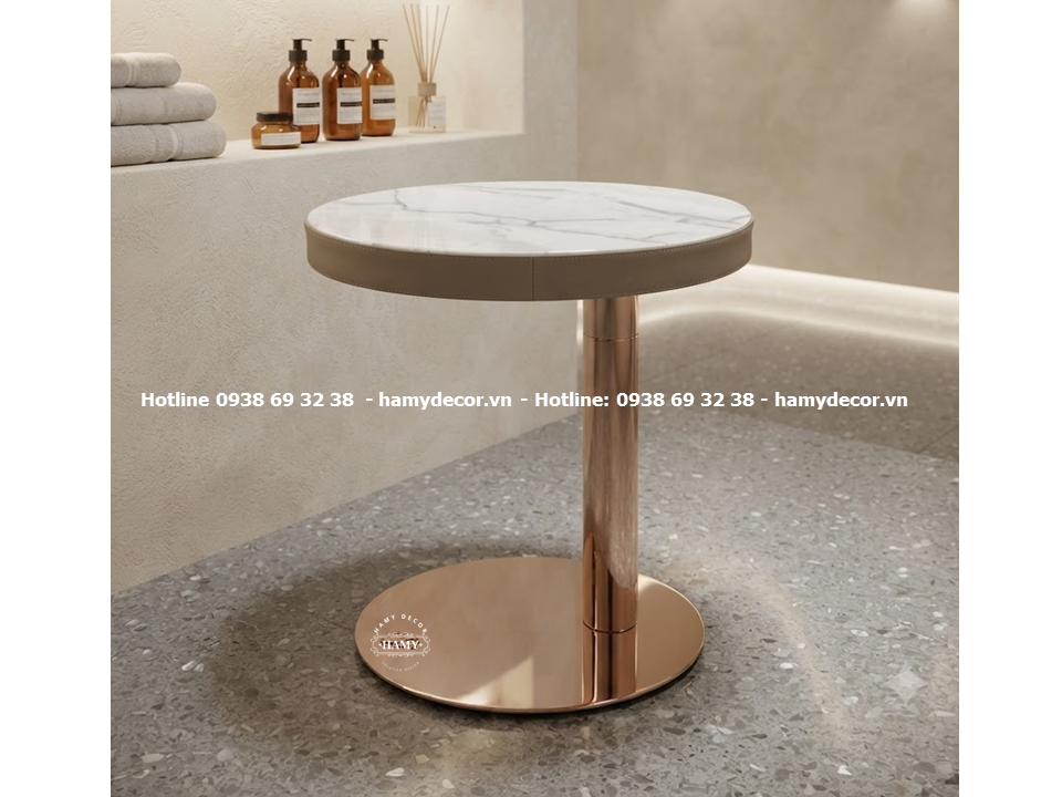 Tab sofa inox mạ vàng hồng mặt bàn đá trắng vân mây trụ lệch tâm 