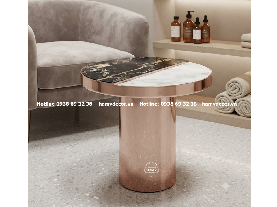 Tab sofa khung chân inox mạ vàng hồng mặt bàn tròn