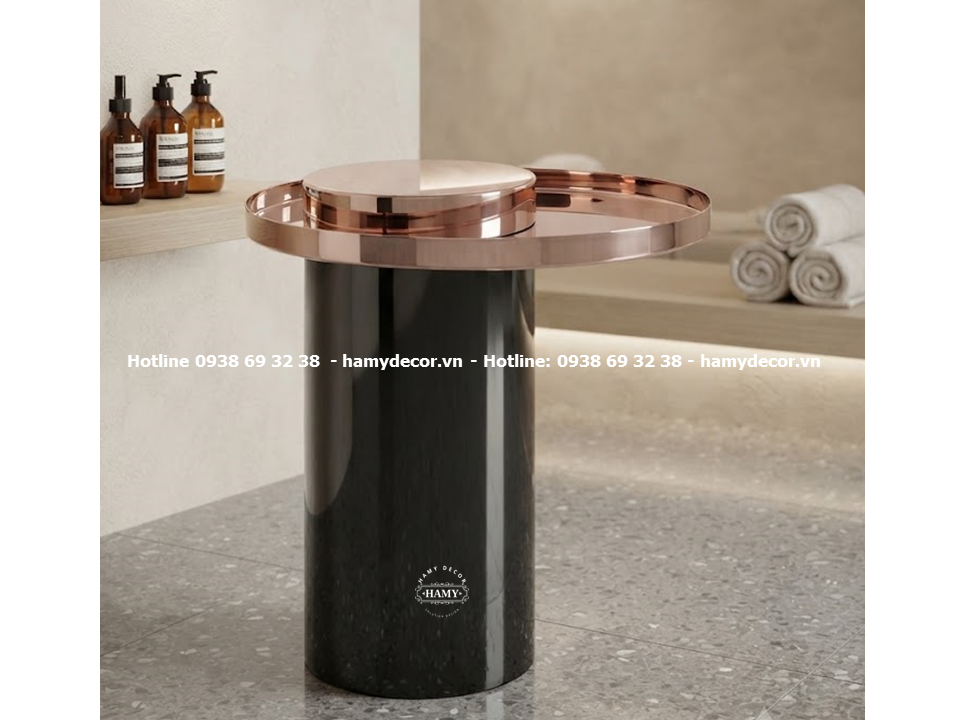 Tab sofa khung inox mạ vàng hồng (Rose Gold) chân trụ màu đen bóng 