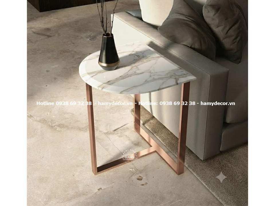 Tab sofa chân inox vàng hồng Mặt bàn có hình bán nguyệt 
