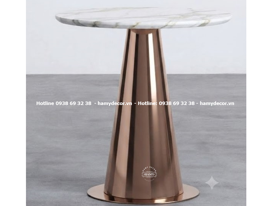 Tab sofa inox mạ vàng hồng kết hợp mặt đá trắng vân mây (kiểu dáng chân đế nón cụt gắn mâm đáy phẳng)