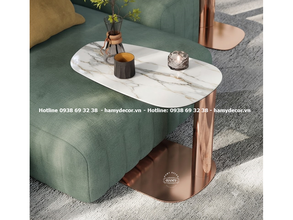 Bàn Tab sofa chân inox 304 mạ PVD Hồng (Rose) & Mặt đá trắng vân mây