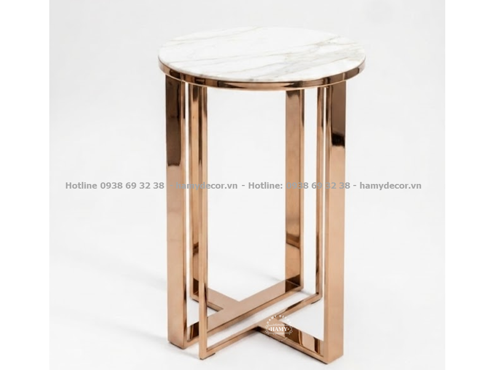 Tab sofa inox mạ vàng hồng kết hợp mặt đá trắng vân mây (kiểu dáng khung chân inox đan chéo) 
