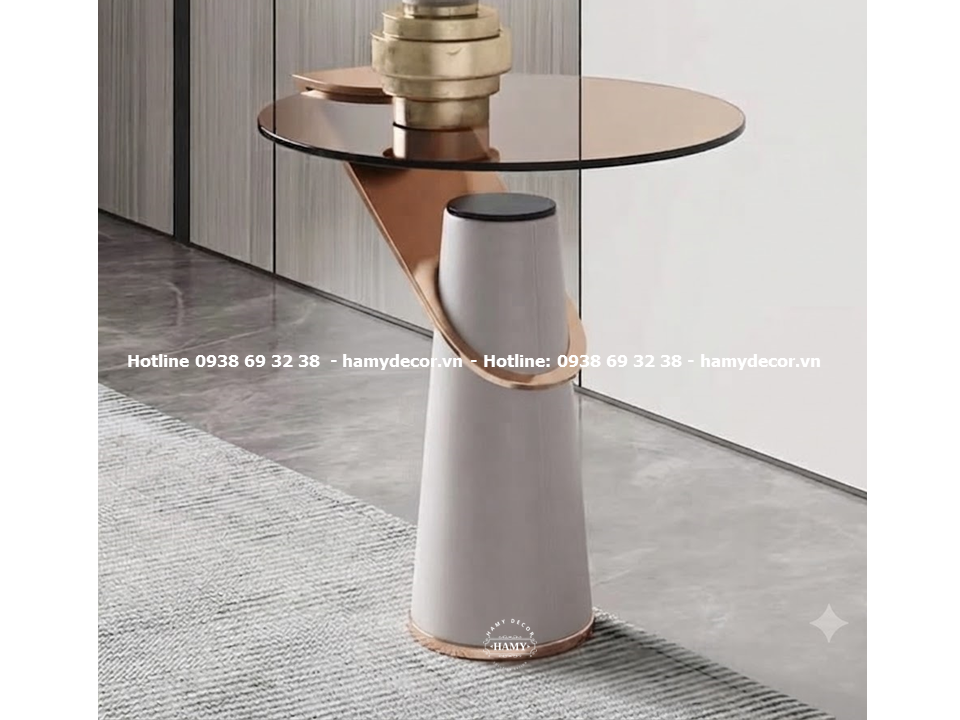 Tab sofa chân inox mại vàng hồng mặt kính cường lực màu trà độc đáo