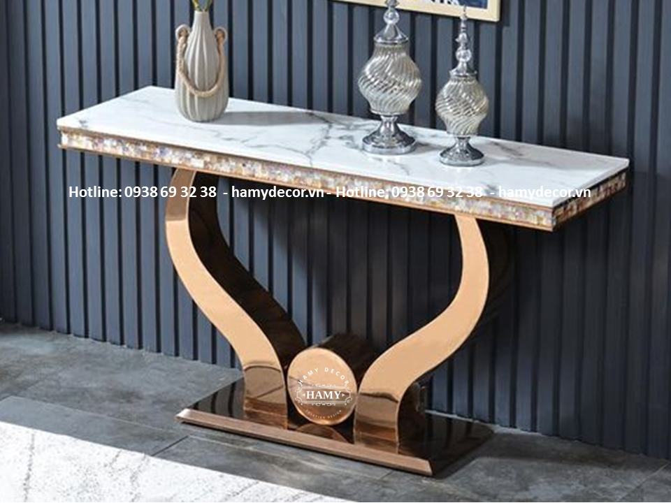 Bàn console chân inox mạ vàng mặt đá trắng vân mây - 82